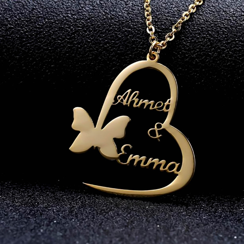 Personalised Open Heart with Butterfly and Couple Name Pendant